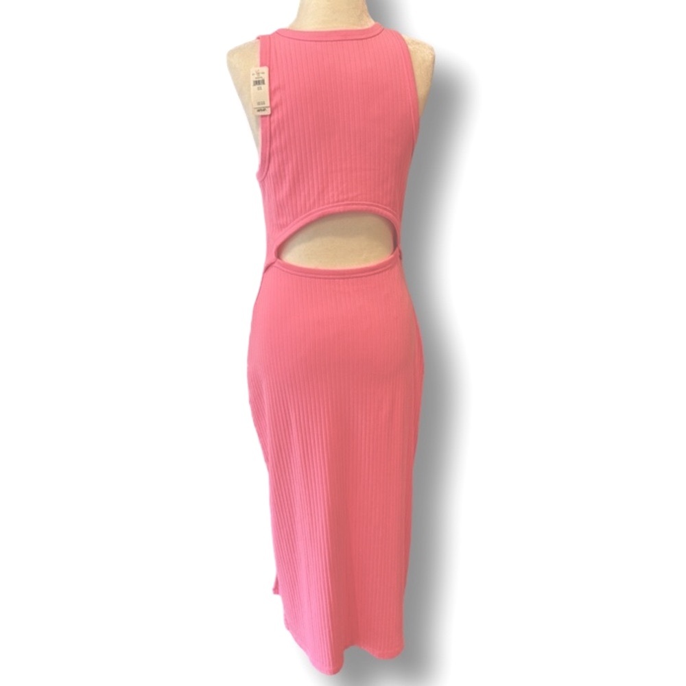 AERIE Backless Dress Neon Pink Rib Cotton Blend Scoop Neck MIDI Dress Slit NWT